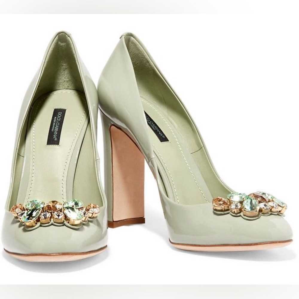 Dolce & Gabbana’s patent leather crystal- embellished block heels